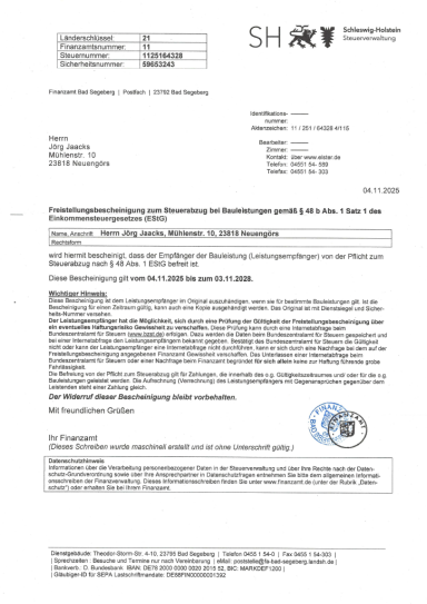 Freistellenbescheinigung Bauleistungen